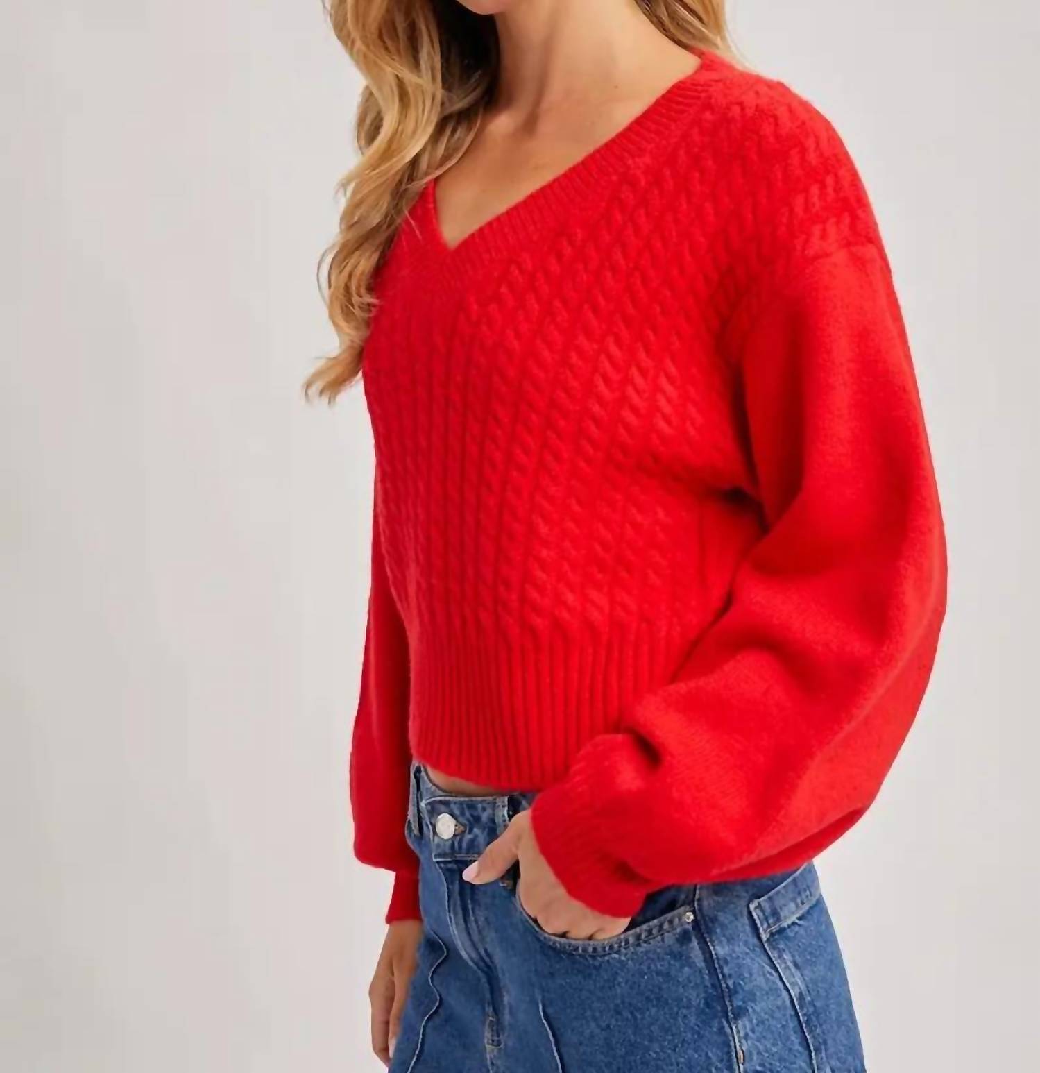 BluIvy Cropped V-Neck Cable Knit Sweater in ruby - women's cardigan - alternate view