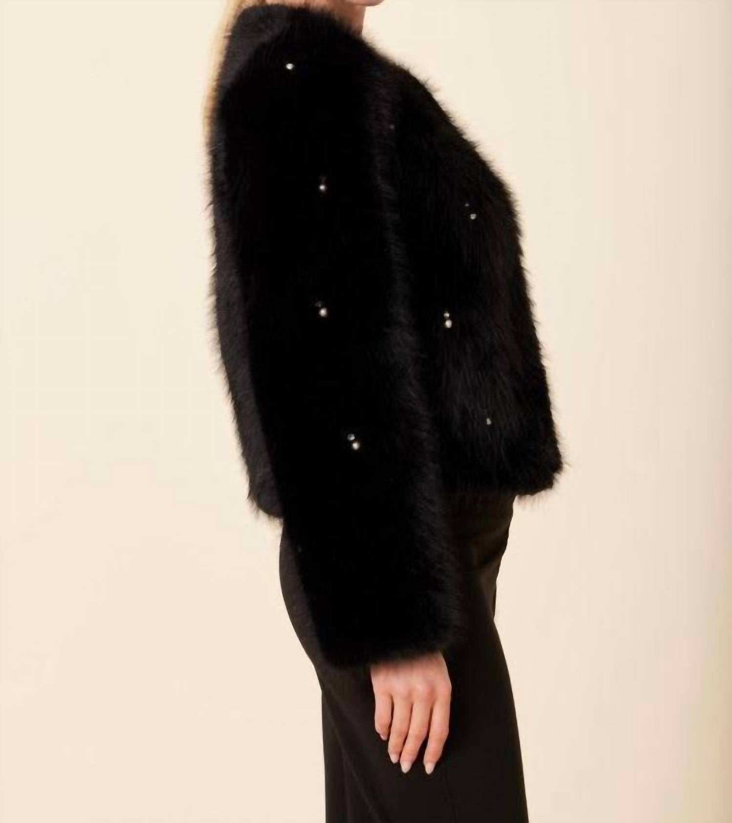 DOLCE CABO Pearl And Rhinestone Fur Jacket in black - women's jacket - alternate view