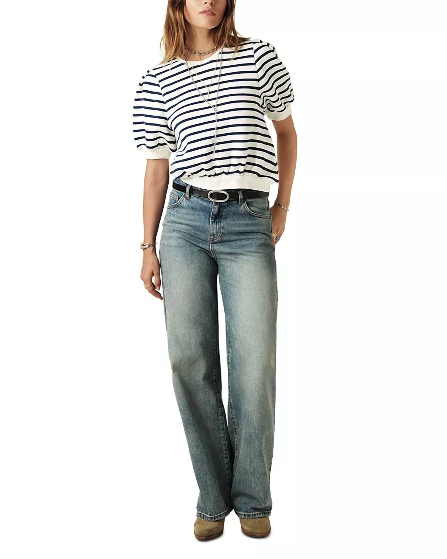 ba&sh Tamar Puff Sleeve Sweatshirt in blue cream - women's top - view 4