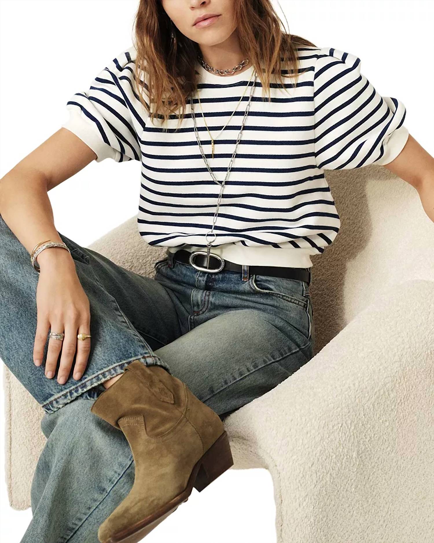 ba&sh Tamar Puff Sleeve Sweatshirt in blue cream - women's top - view 5