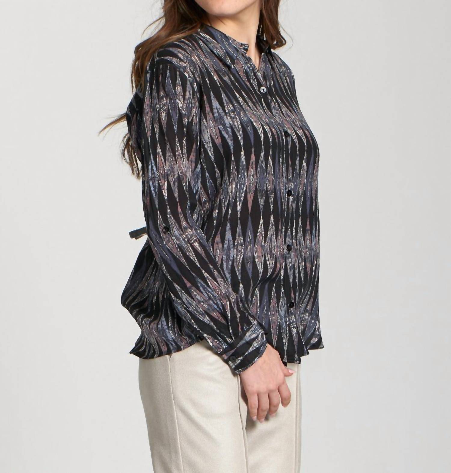 APNY Roll-up Sleeves Button-up Blouse in black multi - women's blouse - alternate view