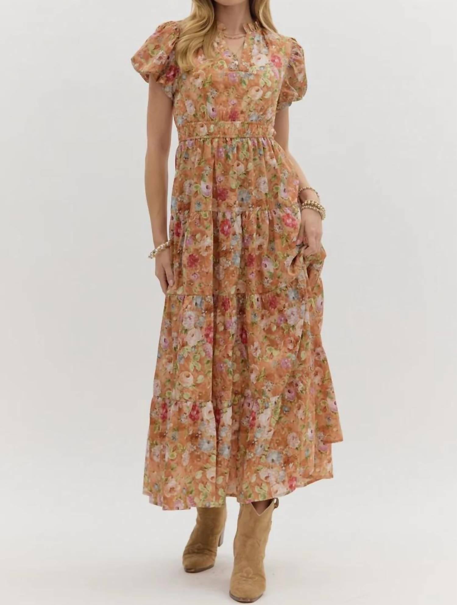 Entro - Vintage Bloom Floral Print Tiered Midi Dress
