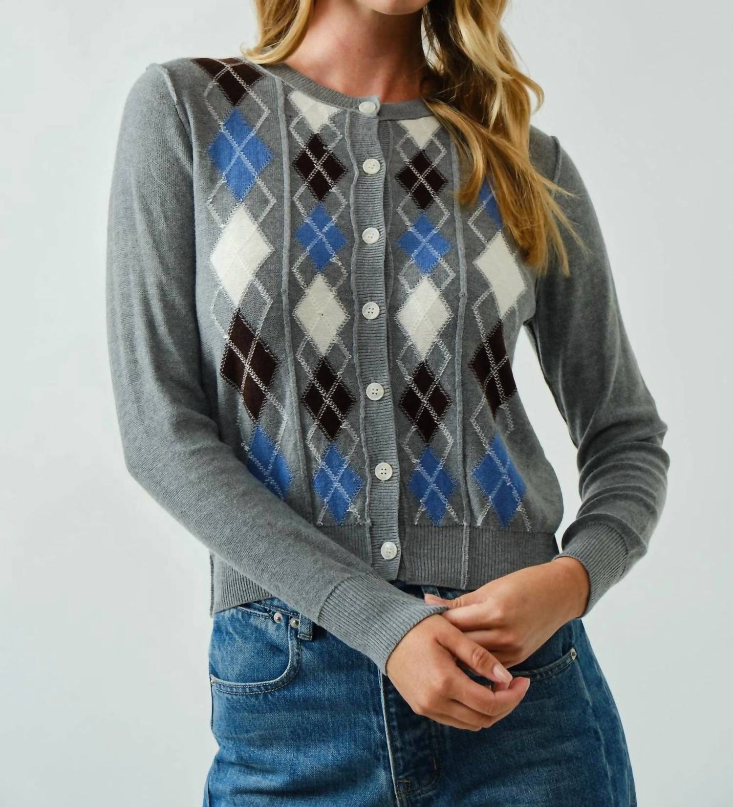 Aaron & Amber - Argyle Button Front Sweater Cardigan