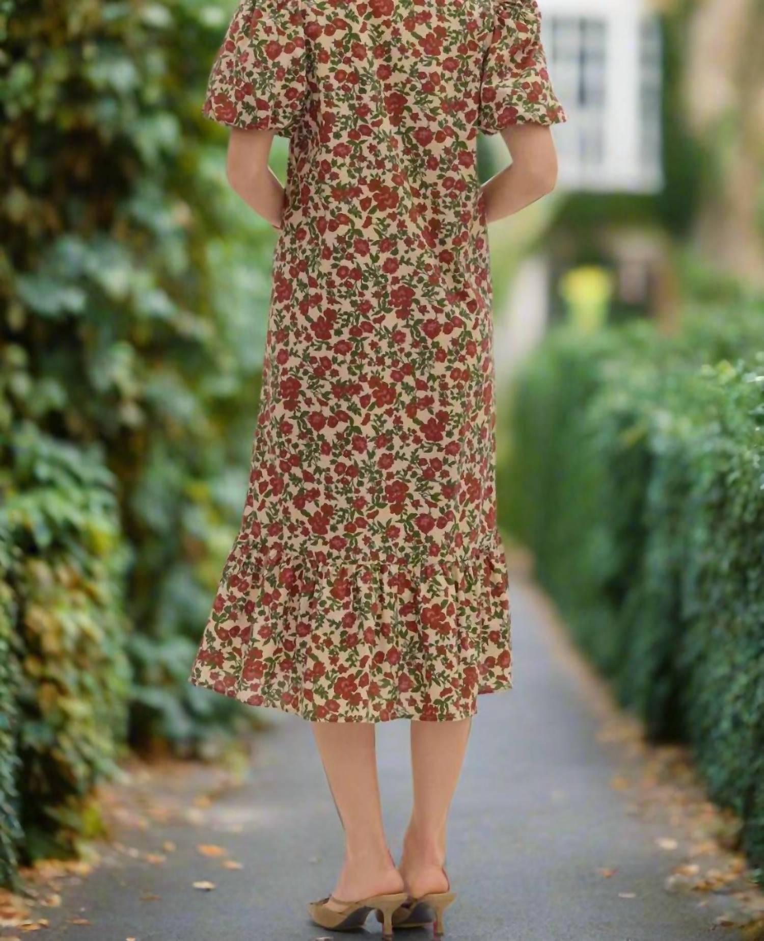entro Fall Garden Floral Puff Sleeve Midi Dress in ecru - women's dress - view 5