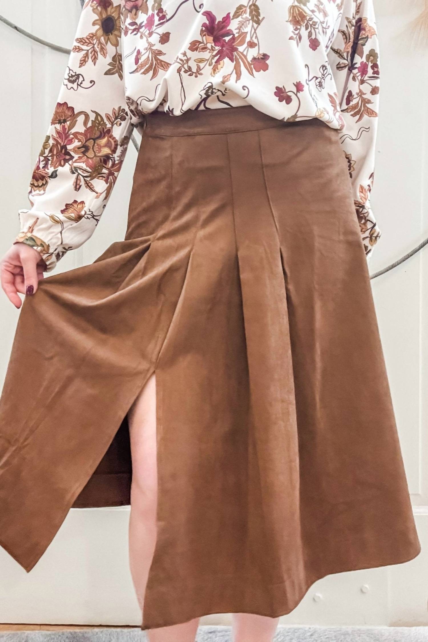 current air Suede Pleated Midi Skirt in dark chestnut - women's skirt - alternate view