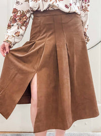 current air Suede Pleated Midi Skirt in dark chestnut - women's skirt - detail view