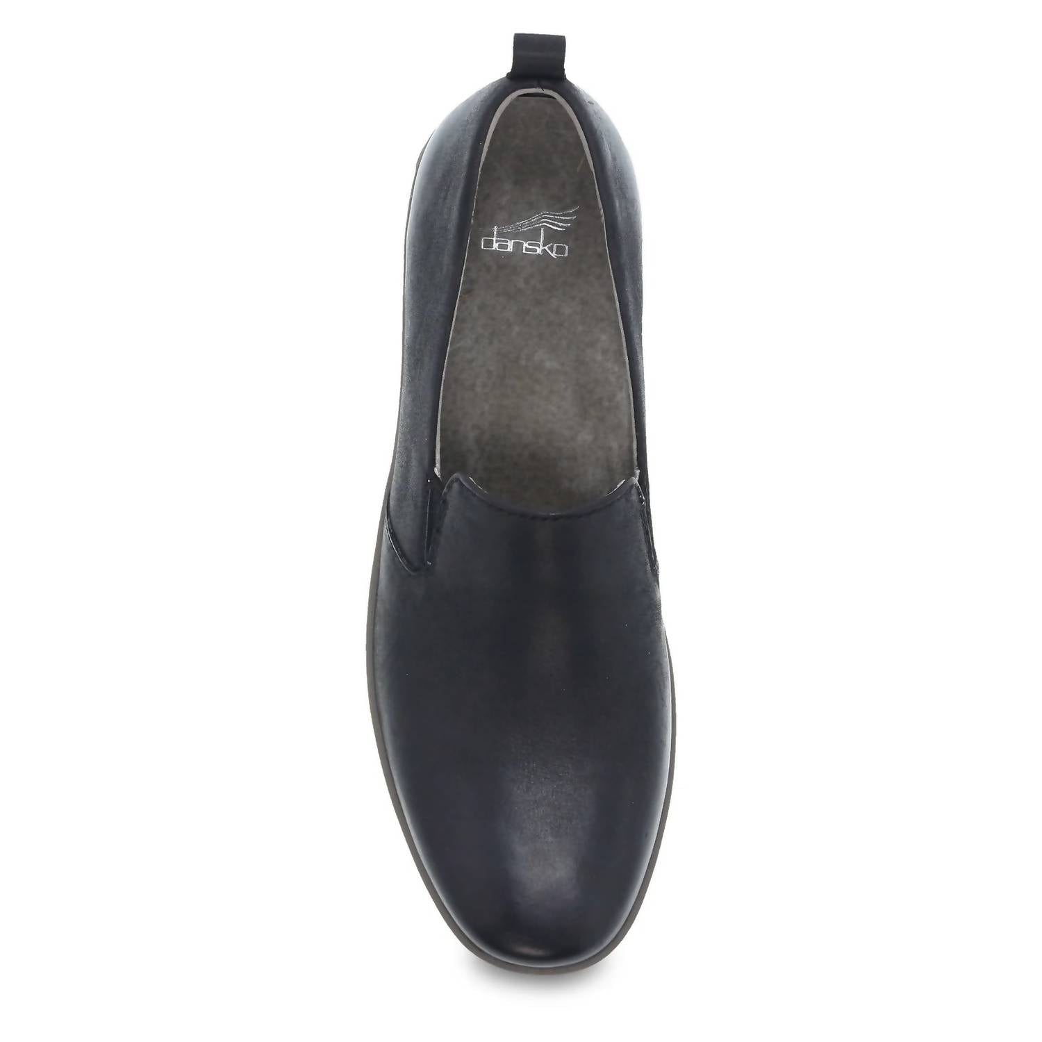 dansko Women's Linley Burnished Calf Slip On Loafer in black - women's shoe - detail view