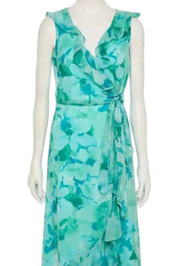 London Times - Women's Side Tie Ruffle Wrap Floral Chiffon Maxi Dress