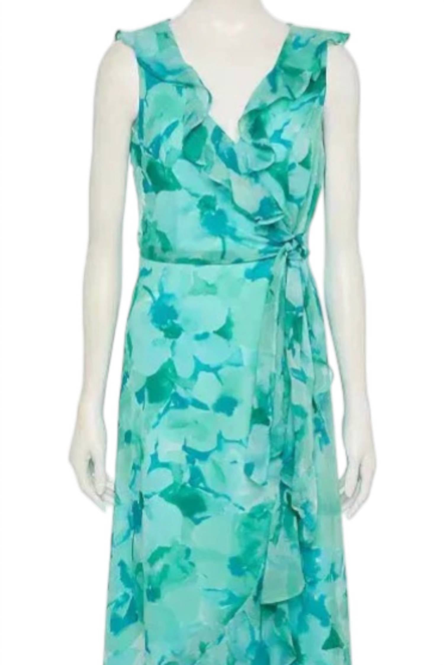 London Times - Women's Side Tie Ruffle Wrap Floral Chiffon Maxi Dress