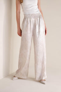 Panicale Cashmere Water Lily Print Flowy Wide Leg Trouser in beige - women's pants
