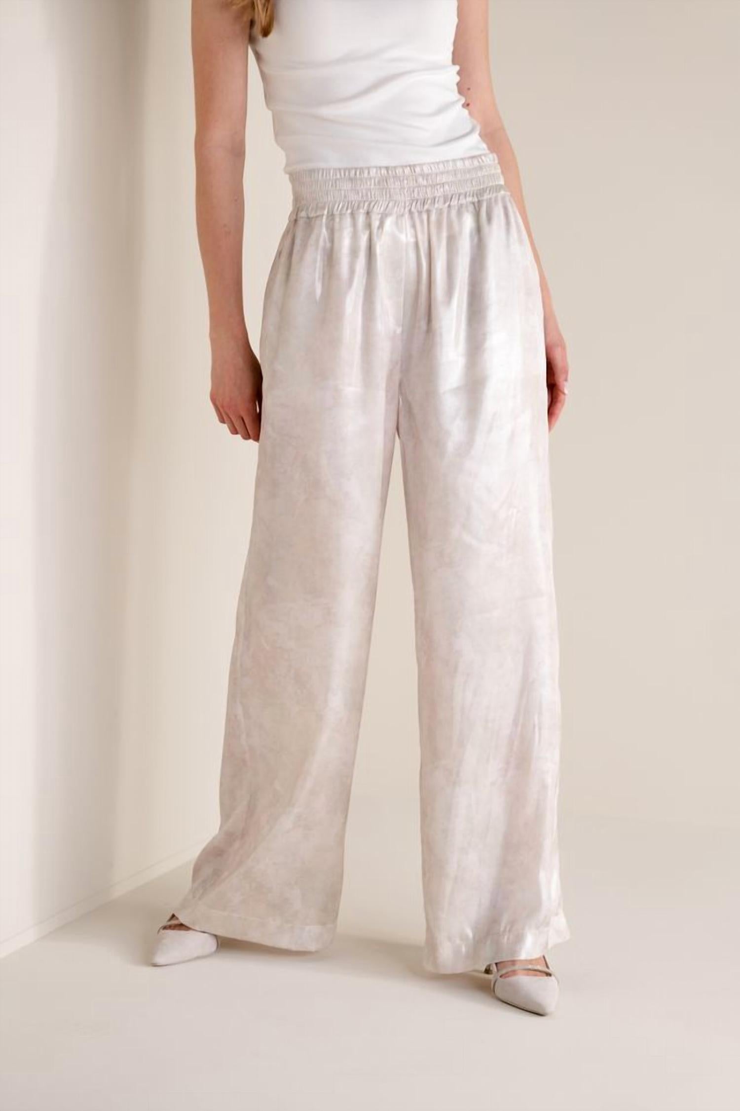 Panicale Cashmere Water Lily Print Flowy Wide Leg Trouser in beige - women's pants