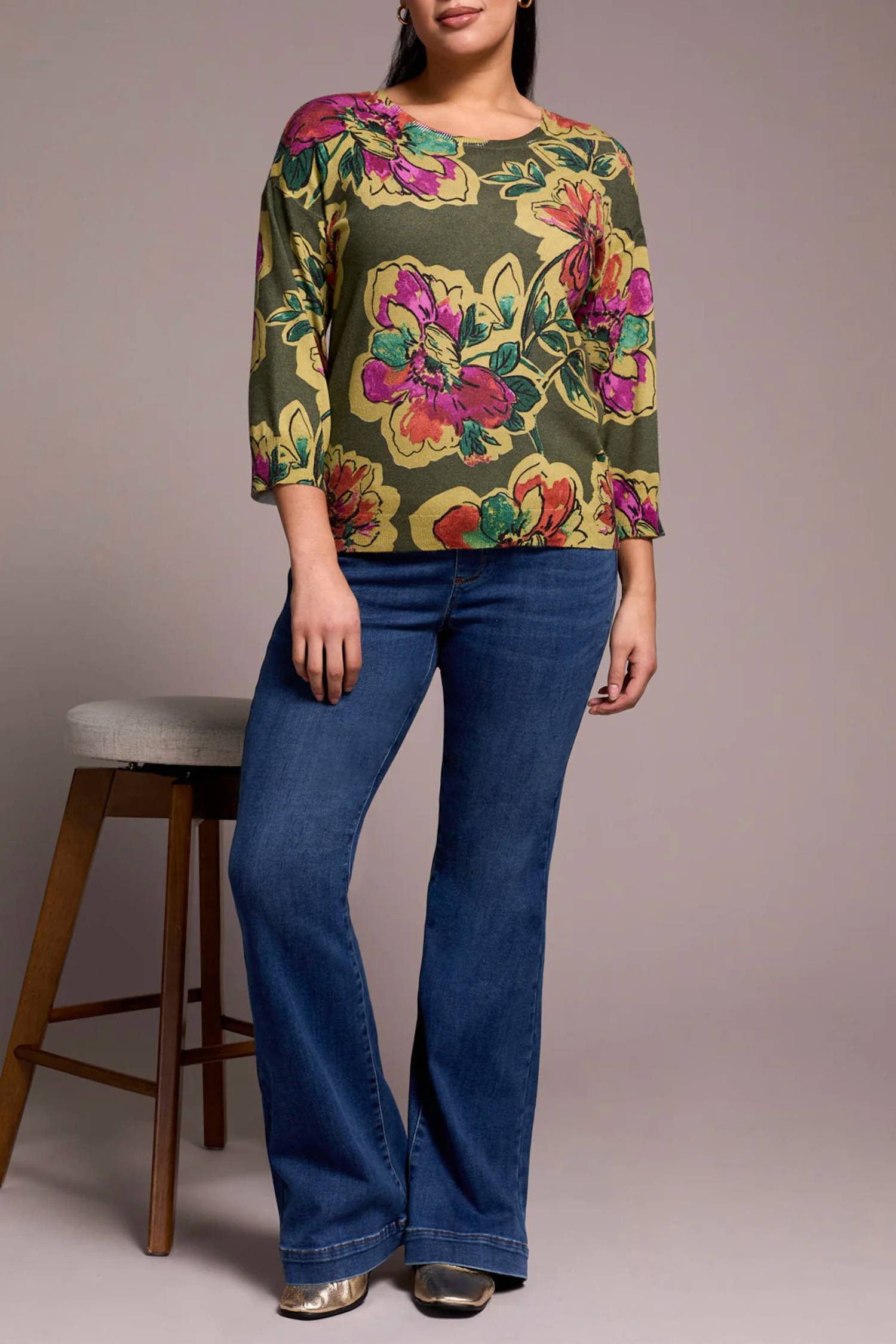 Tribal - Syra Soft Yarn Three-quarter Sleeve Crewneck Sweater