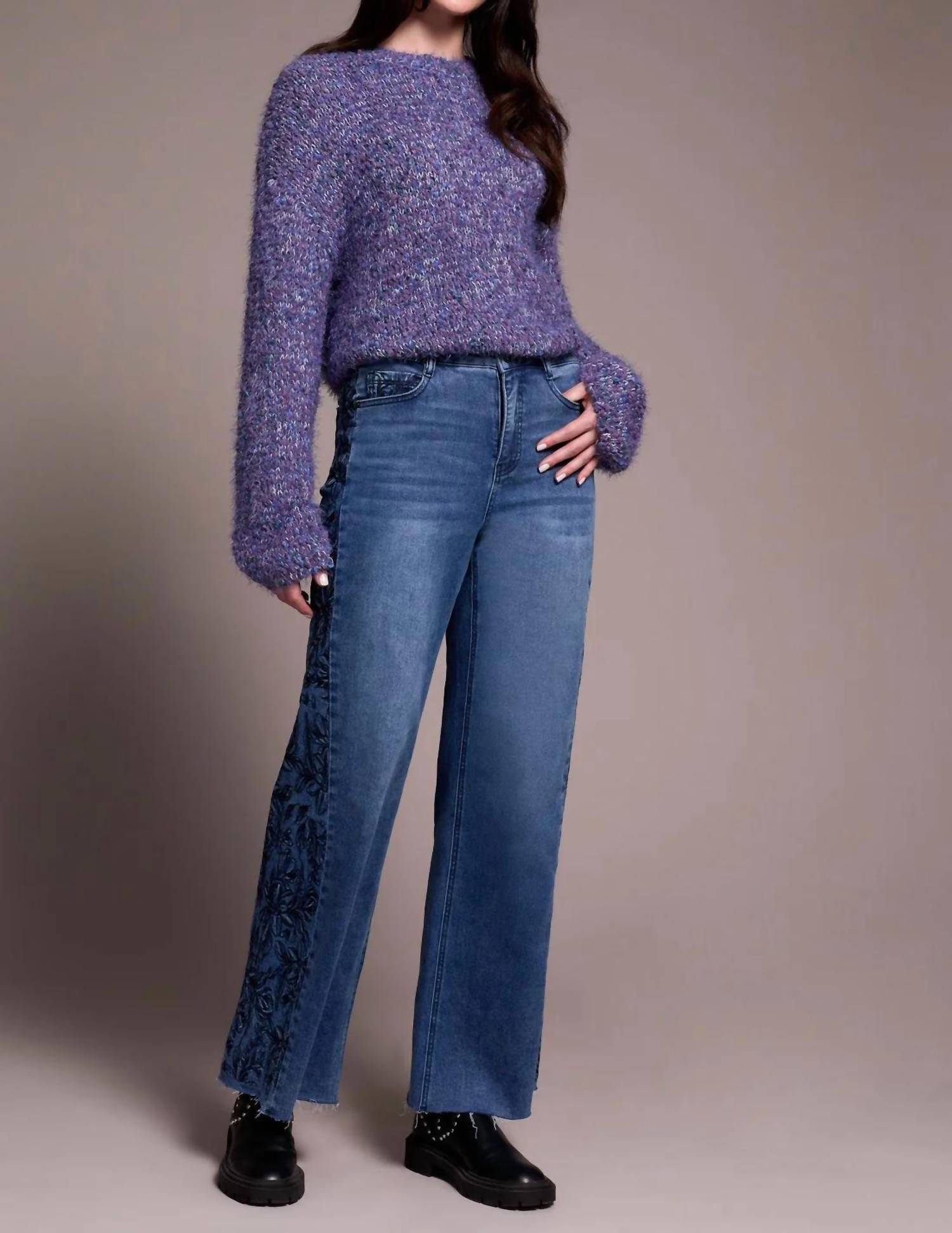 TRIBAL Brooke High Rise Wide Leg Jeans With Side-Embroidery in bluedusk - women's jeans - alternate view