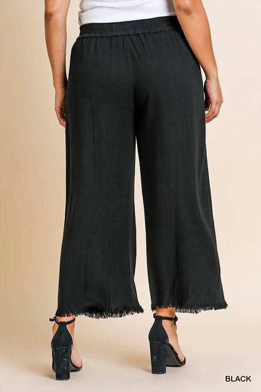 Umgee - Wide Leg Pant with Elastic Waist, Pockets, and Frayed Hem