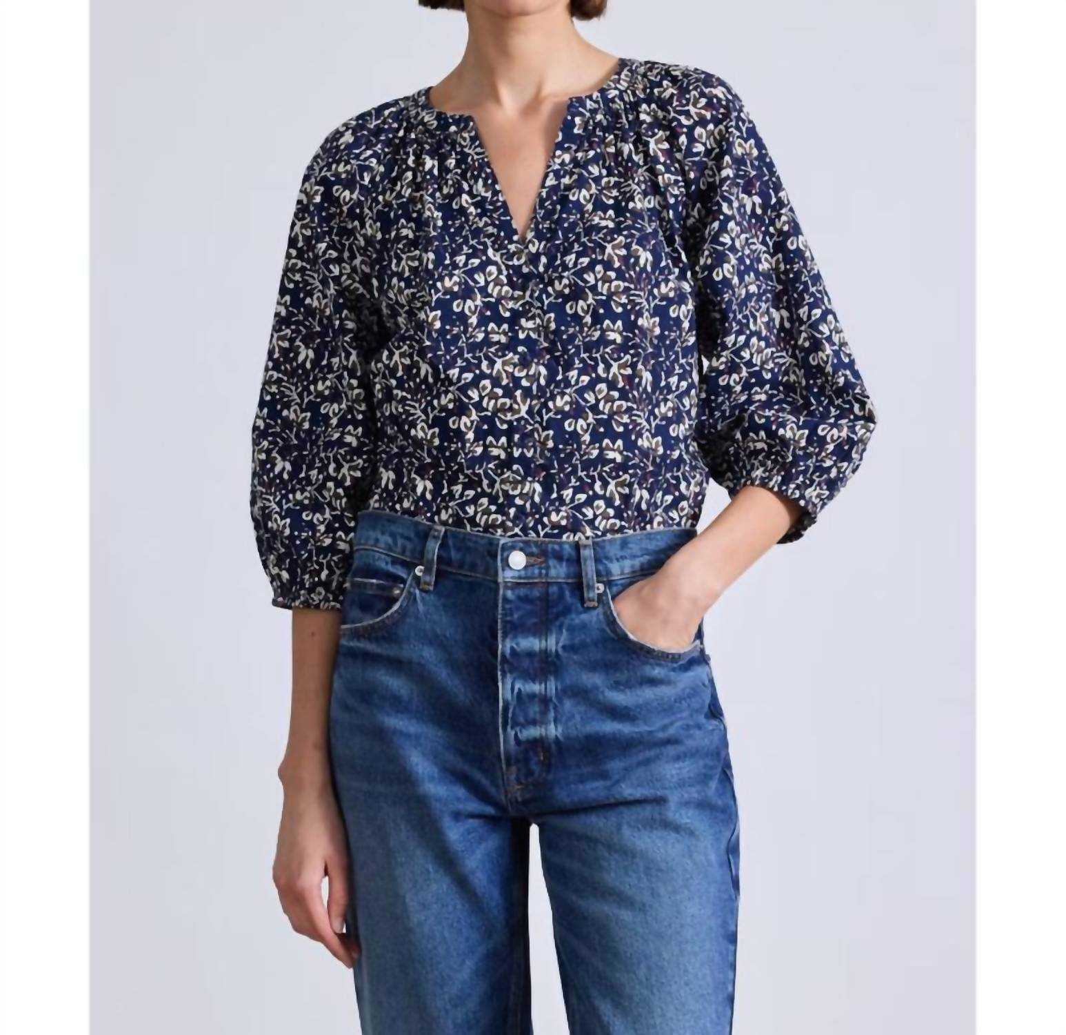 APIECE APART Mitte Open V-neck Top in mira flora navy - women's blouse