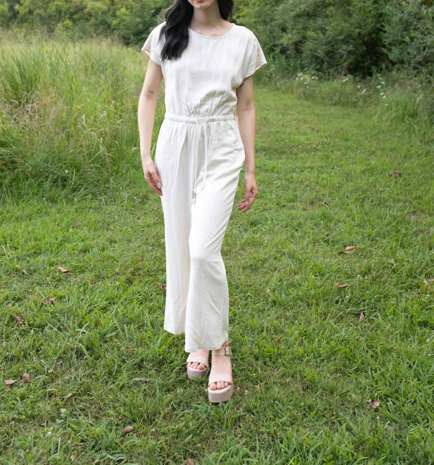Elle Grey Short Sleeve Drawstring Waist Linen Jumpsuit in vanilla dreams - women's pants