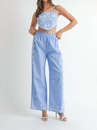 Mable - Linen Mix Embroidered Scarf Top And Pants Set