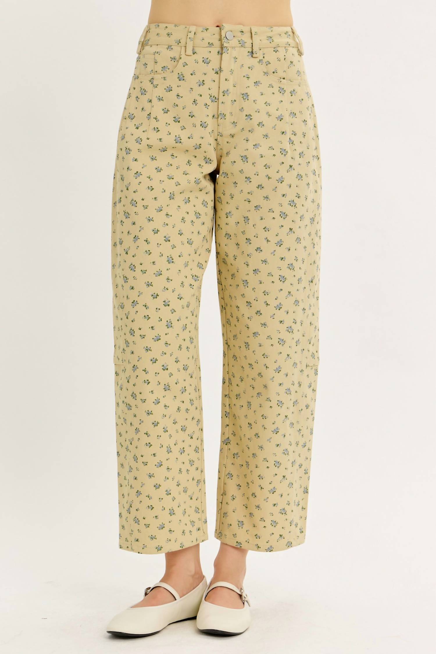 Idem Ditto Ditsy Flower Cotton Twill Barrel Leg Pants in yellow blue - women's pants