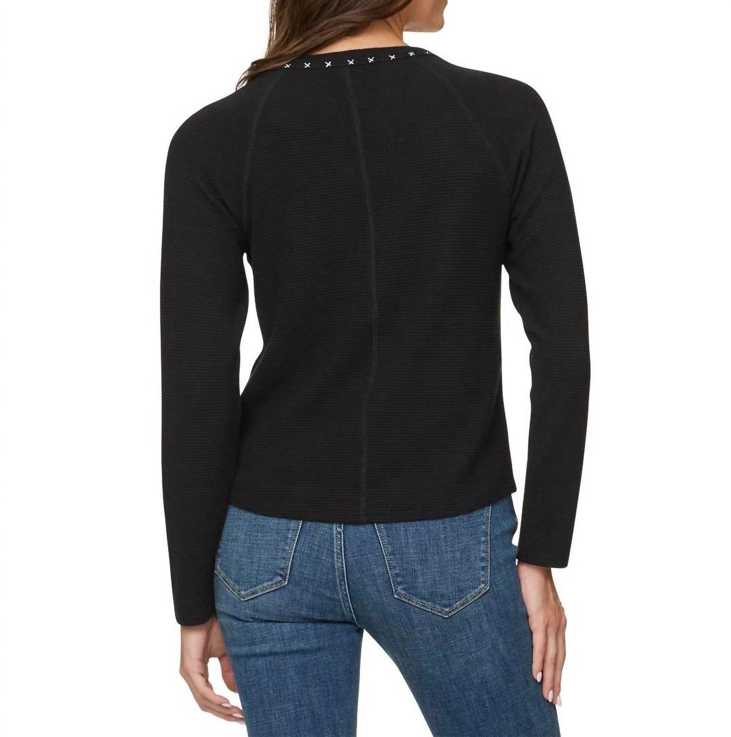 Flags & Anthem Cambria Embroidered Waffle Henley Top in black - women's long sleeve top - alternate view