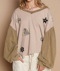 POL Glam Patches Contrast Long Sleeves Knit Top in beige multi - women's long sleeve top
