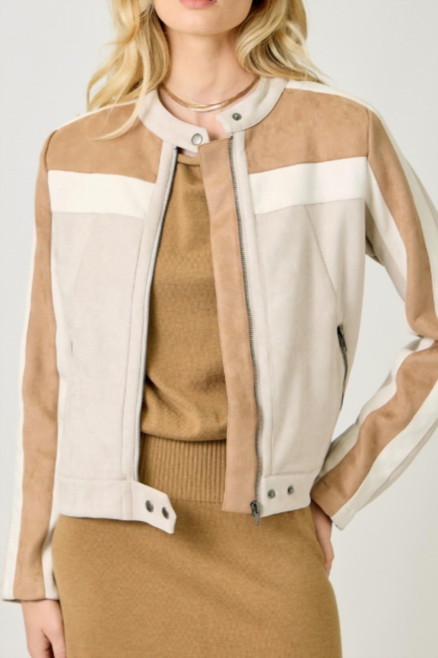 mystree Women's Color Blocked Moto Jacket in ivory combo - women's jacket