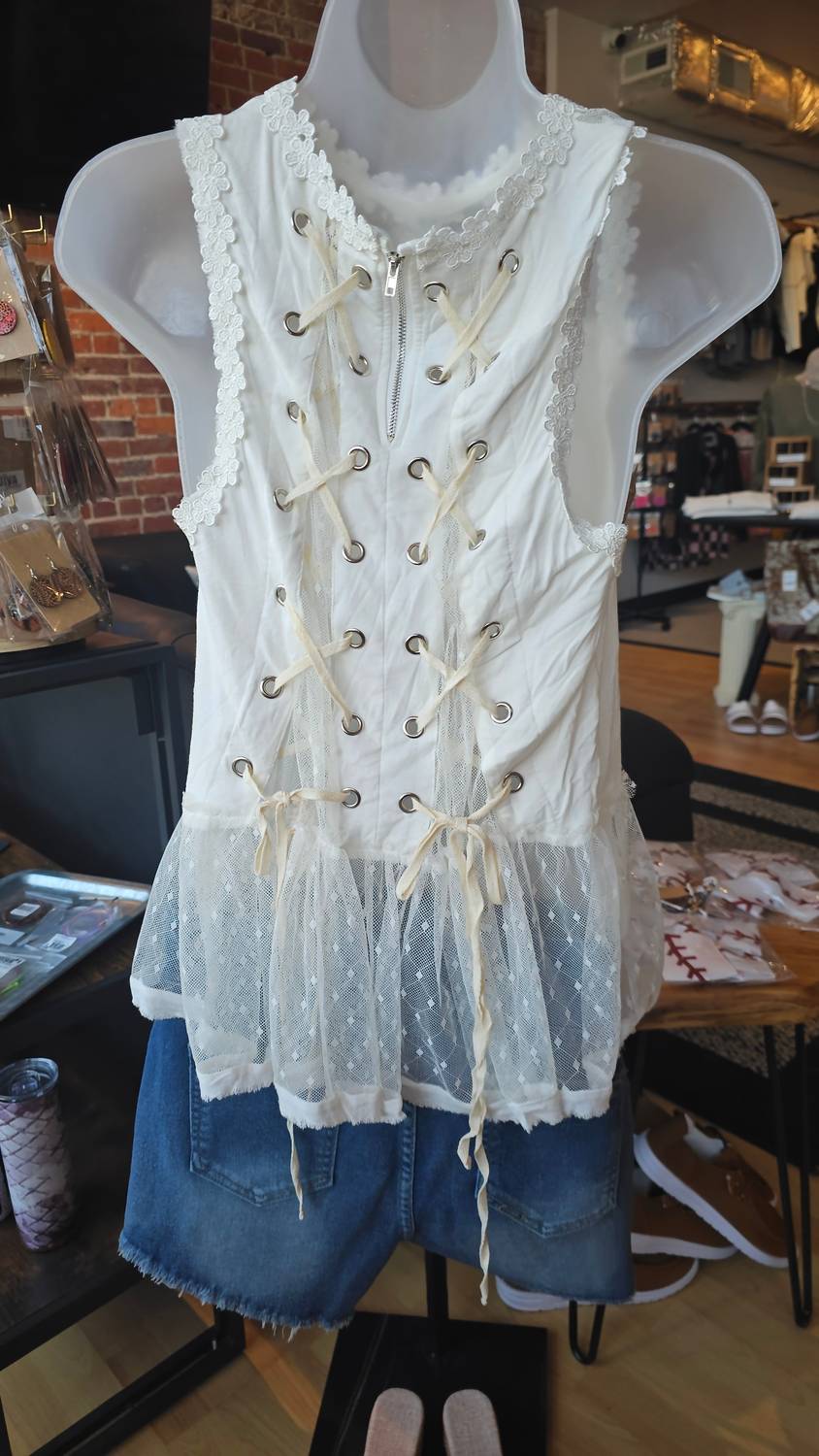 POL Women's Sleeveless Lace Blouse in white - women's blouse - alternate view