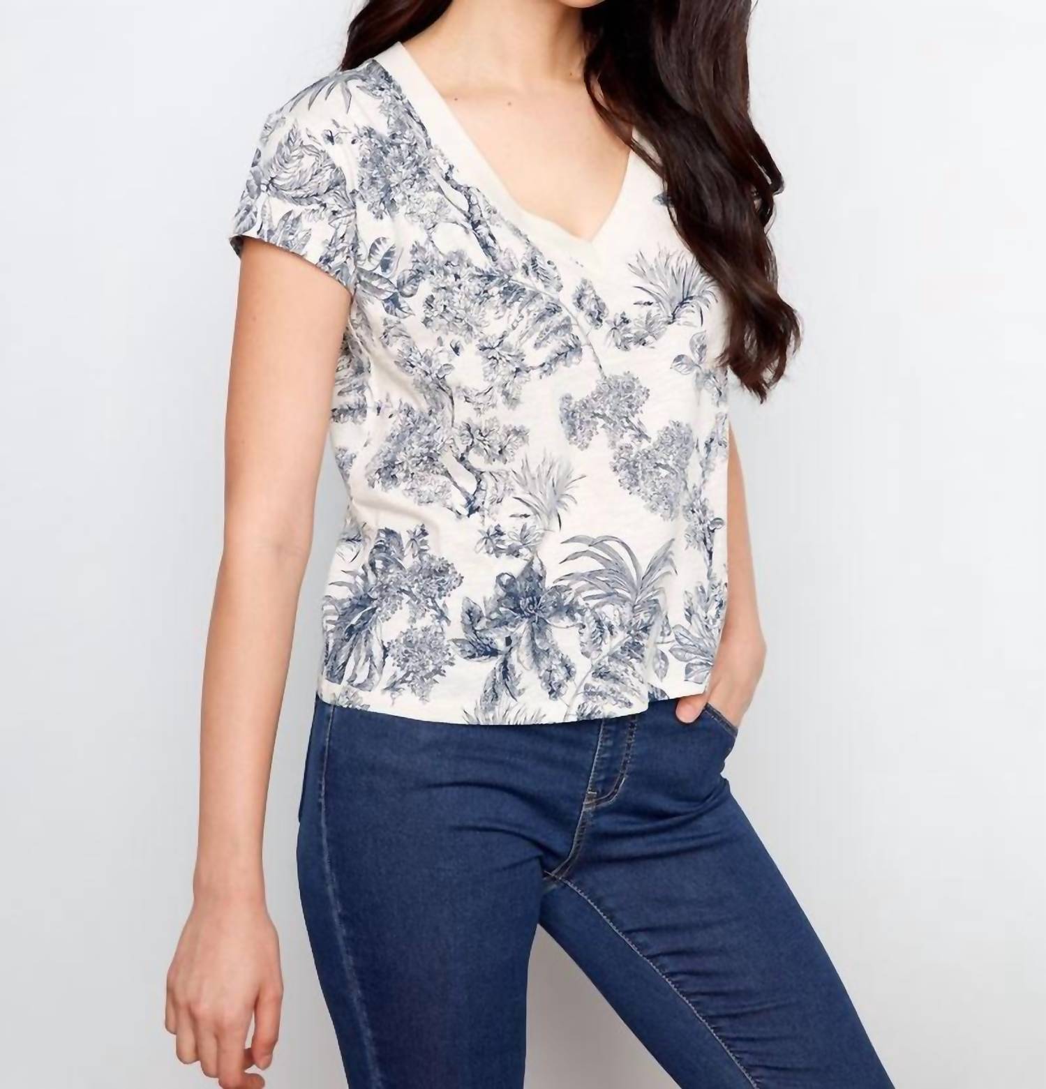 CHARLIE B Organic Cotton Drop Shoulder Short V-neck T-shirt in versailles - women's t-shirt - view 4