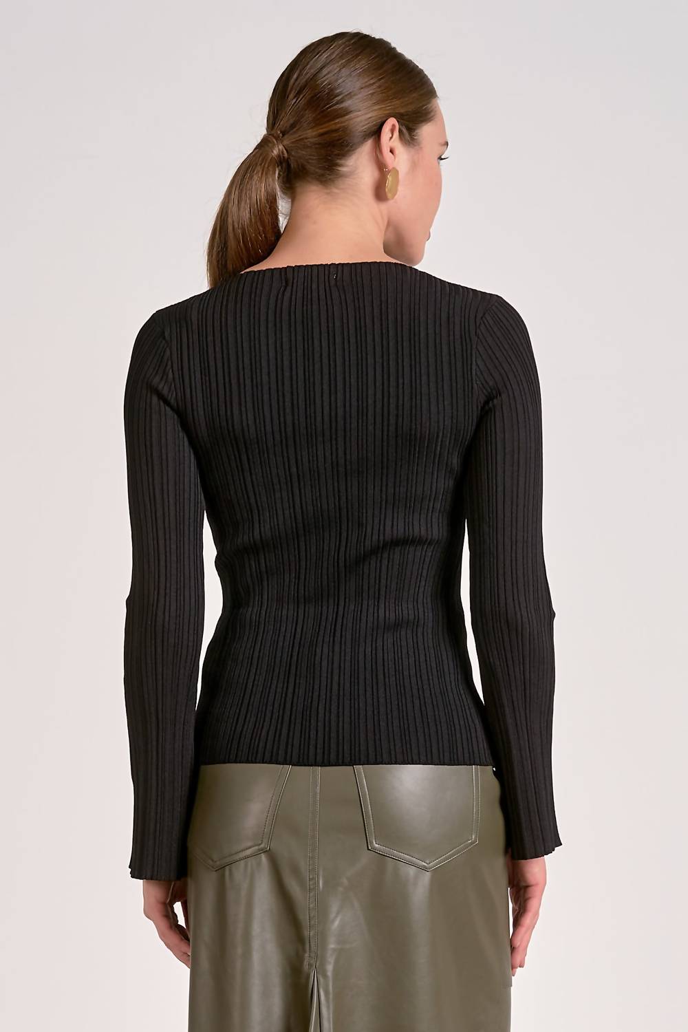 ELAN Crewneck Bell Sleeve Top in black - women's long sleeve top - alternate view