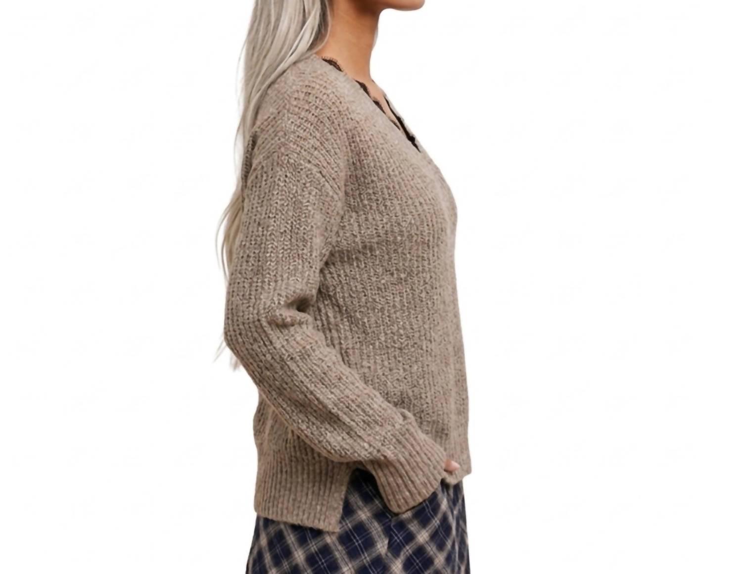 LA MIEL Boho Lace Trim V-neck Ribbed Knit Sweater in heather beige - women's sweater - detail view