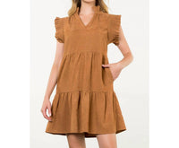 THML Flutter Sleeve Corduroy Midi Dress in camel - women's dress