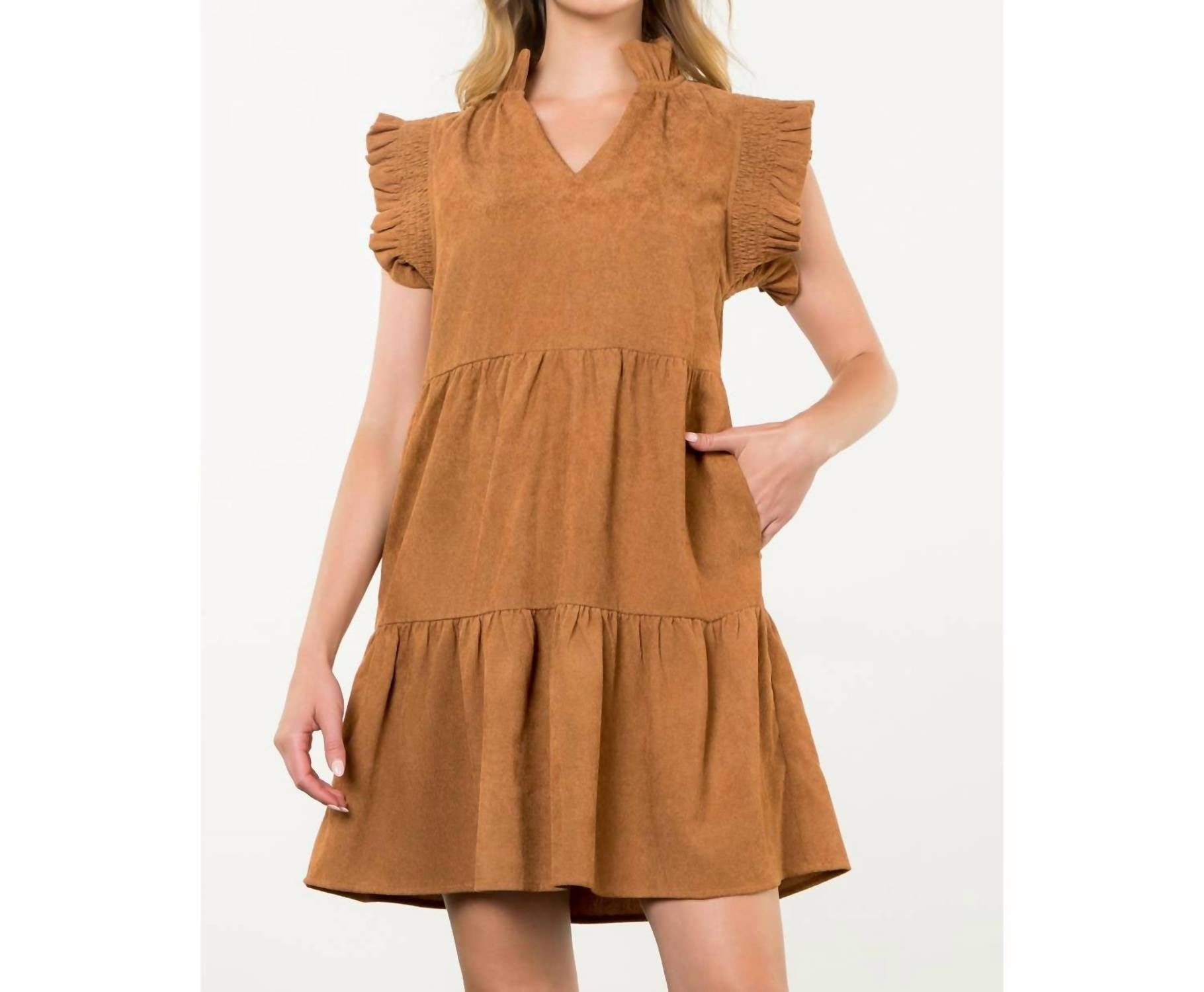 THML Flutter Sleeve Corduroy Midi Dress in camel - women's dress