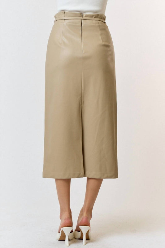 Lalavon - Polyurethane Leather Waist Tie Midi Skirt