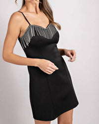 Ee:Some - Sleek Spaghetti Strap Body Con Mini Dress With Rhinestone Fringe