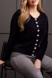 Tribal - Crystal Button Fluffy Knit Cardigan