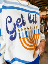 Queen Of Sparkles - "get Lit" Menorah Stripe Sweater