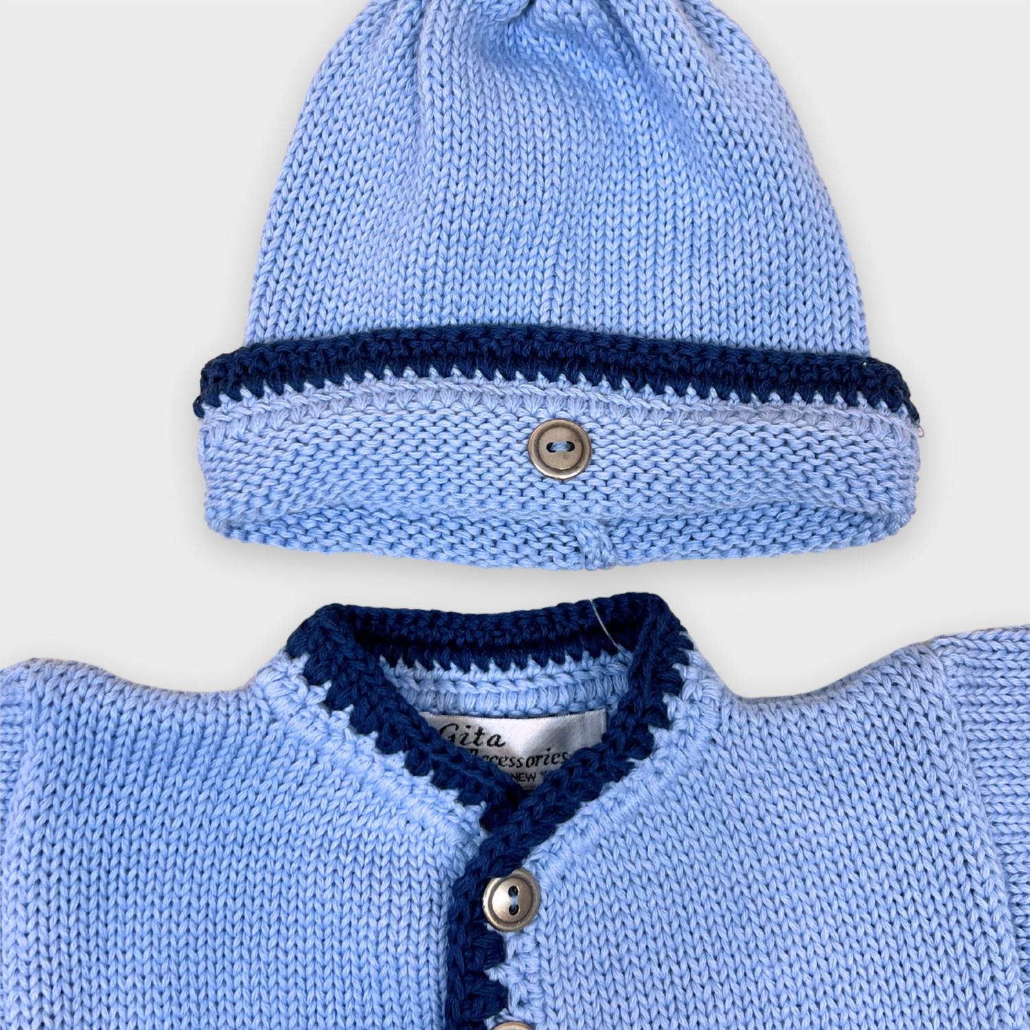 Gita - Boy's 2pc Light Blue Cotton Sweater With Navy Trim & Hat