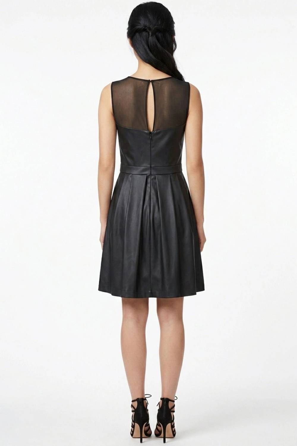 Ali Ro - Illusion Mesh Faux-leather Fit And Flare Party Dress