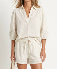 Naked Zebra - Contrast Trim Puff Sleeve Linen Blouse