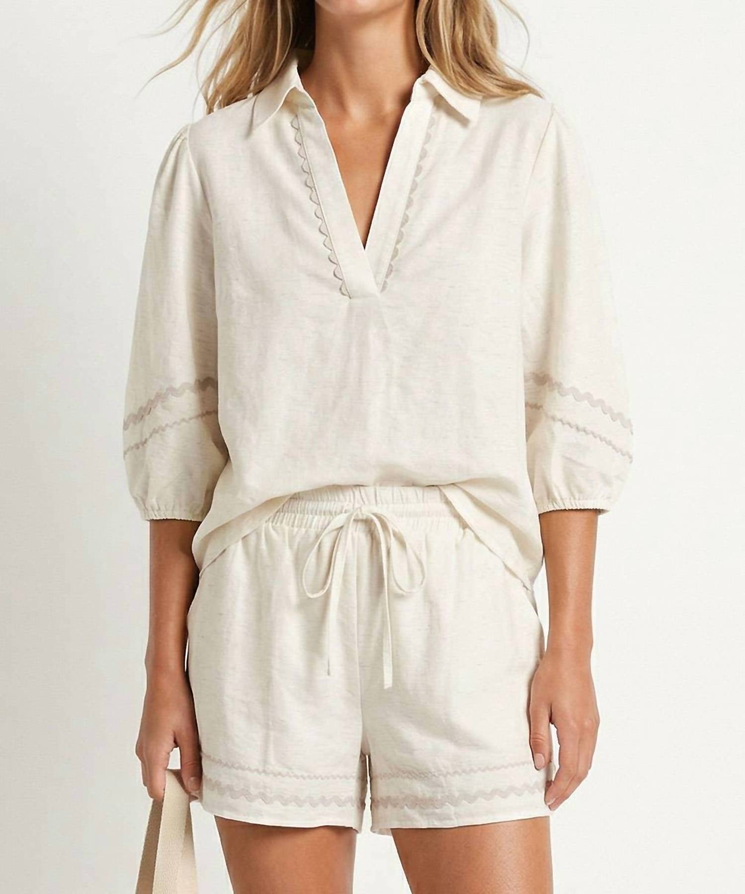 Naked Zebra - Contrast Trim Puff Sleeve Linen Blouse