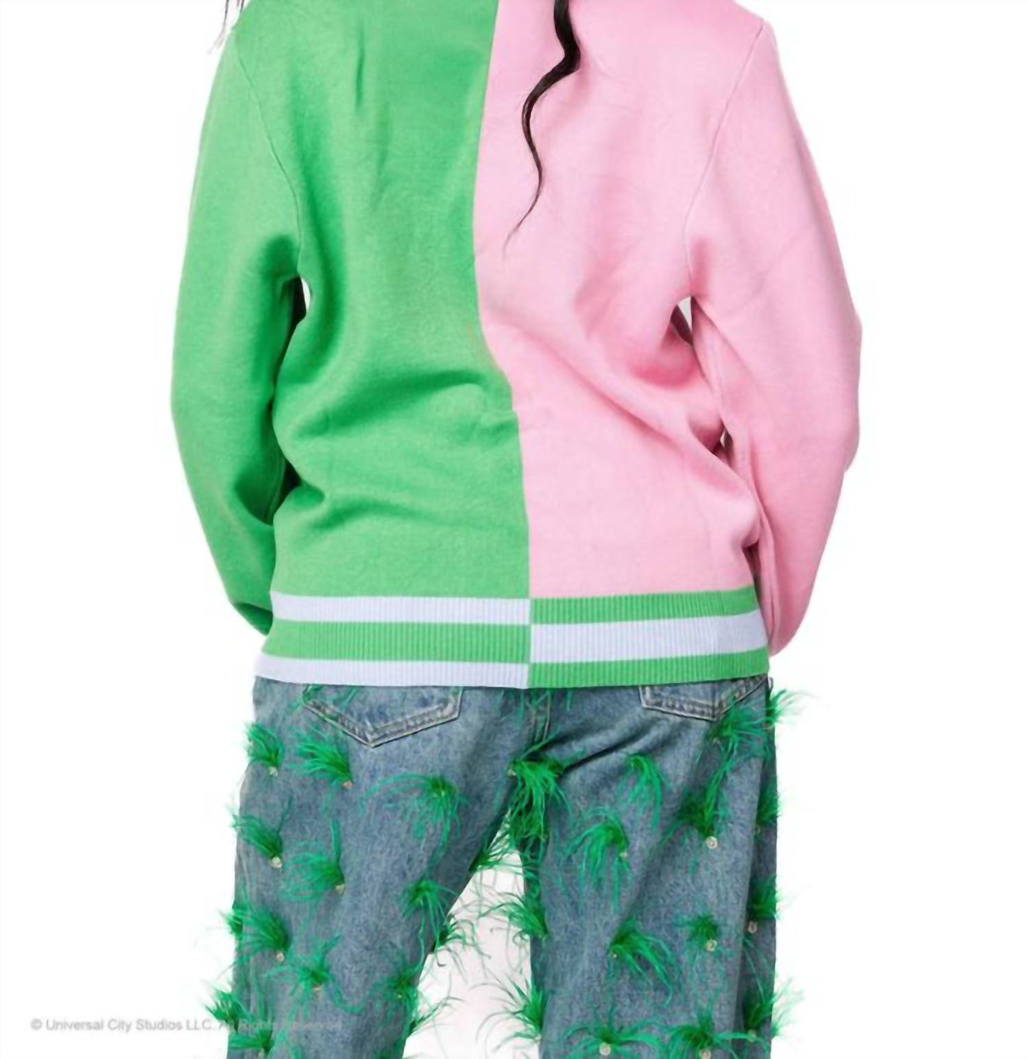 QUEEN OF SPARKLES Licensed Colorblock Glinda & Elphaba Button Up Cardigan in pink green - women's sweater - detail view
