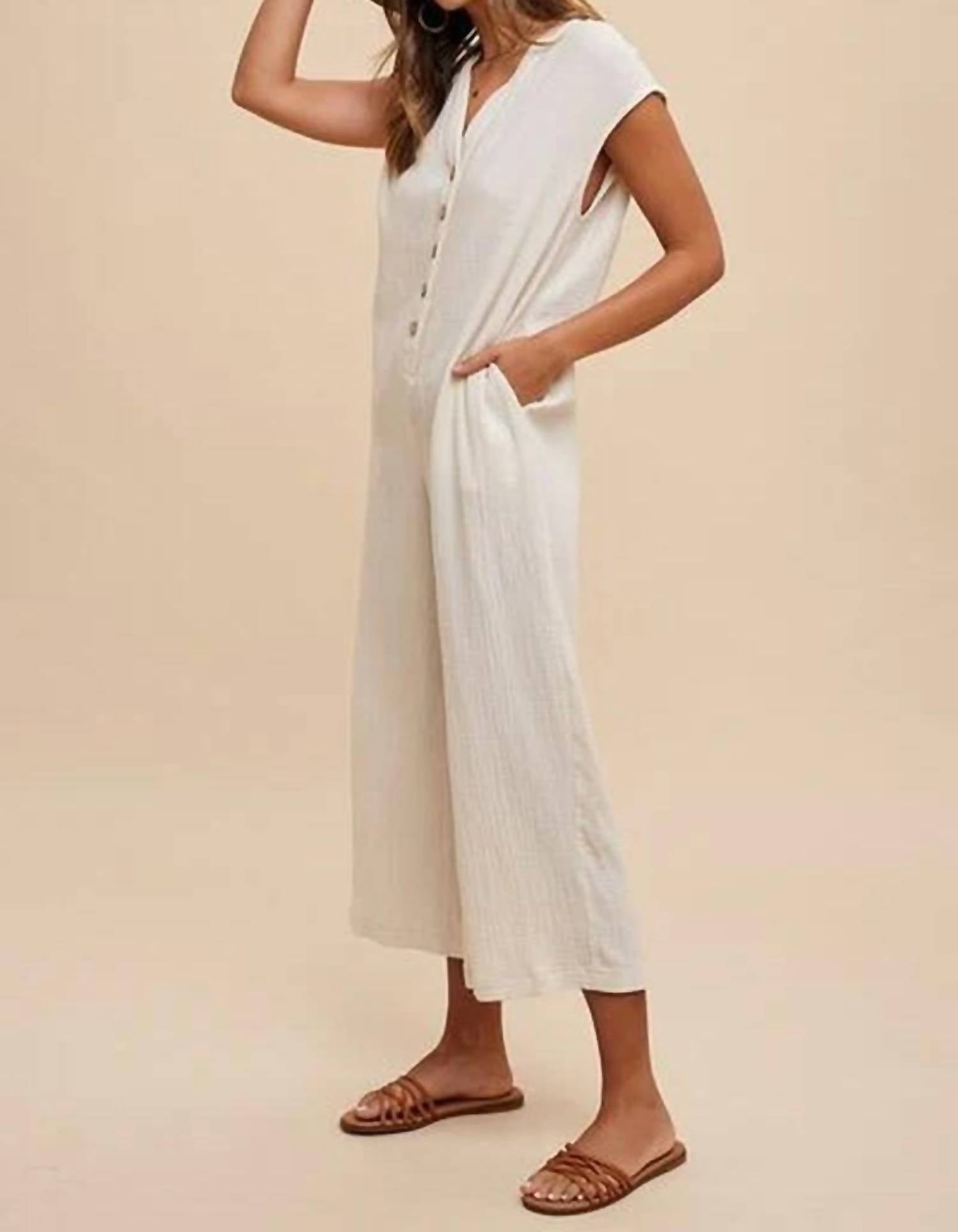 Anniewear - Cotton Guaze Button Down Jumpsuit