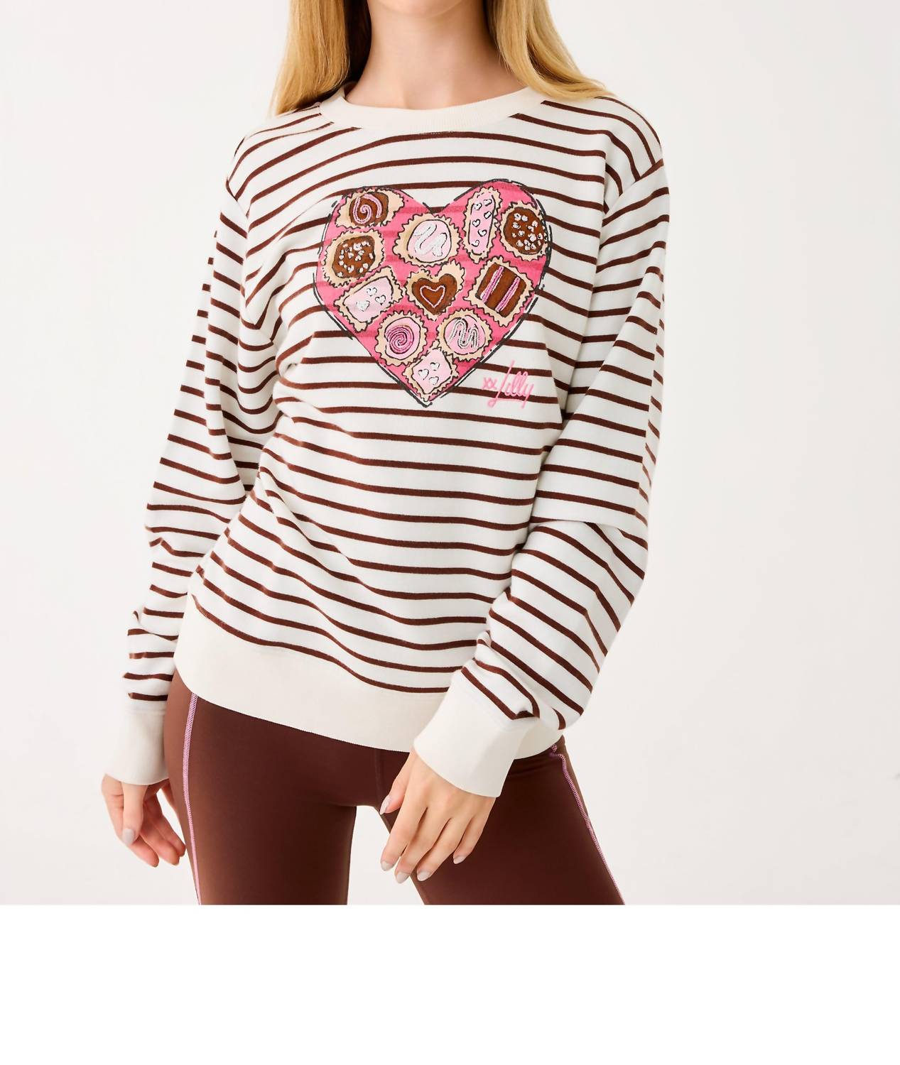 Lilly Pulitzer Ballad Cotton Sweatshirt in french roast box of chocolates embellishment - women's top