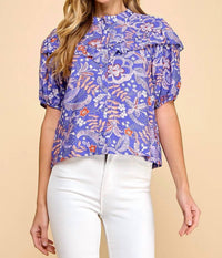 TCEC Button Up Floral Ruffle Blouse in purple - women's blouse