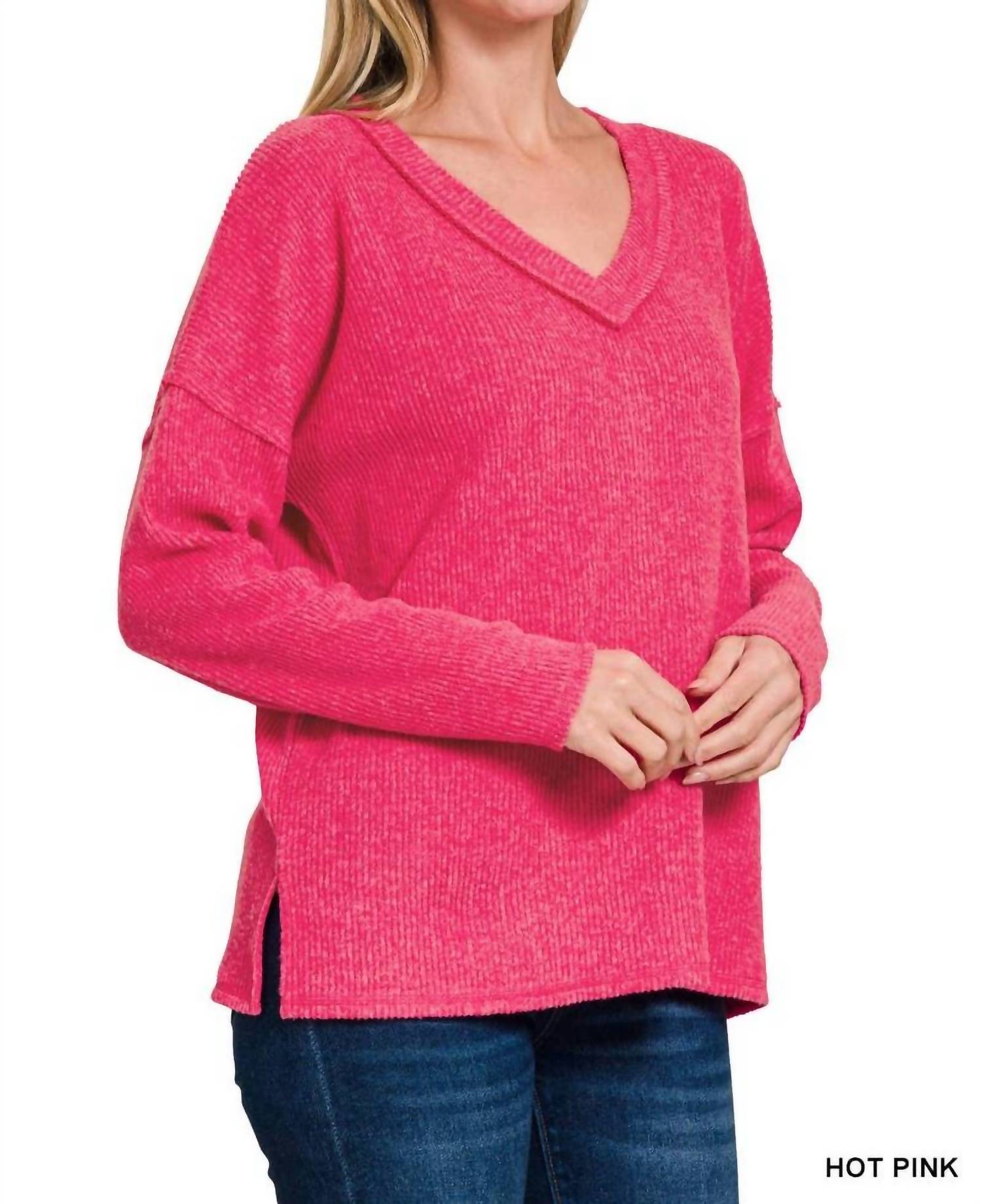 42Pops - Ribbed V Neck Drop Shoulder Sweater