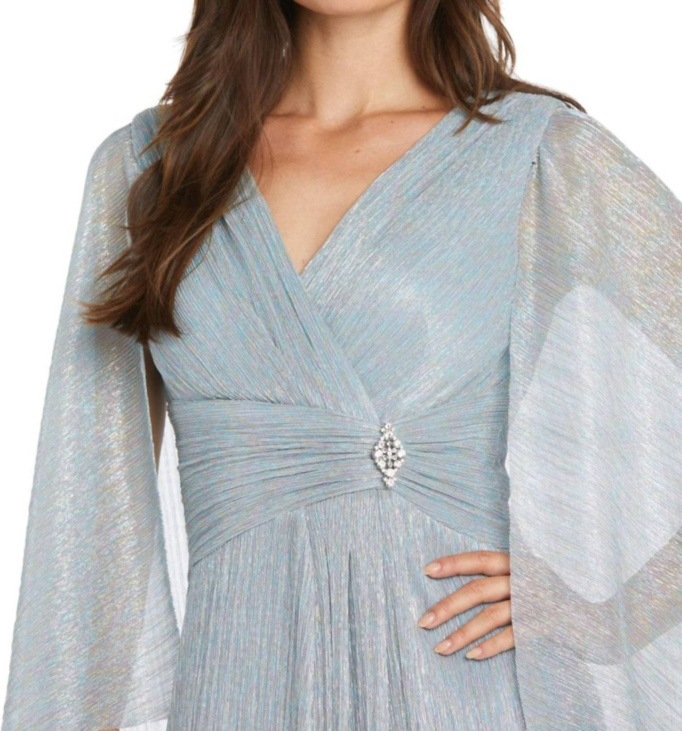 R&M Richards - Metallic Chiffon Long Dress With Sheer Cape