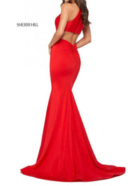 Sherri Hill High Cut Halter Style Maxi Dress in red - women's dress - detail view
