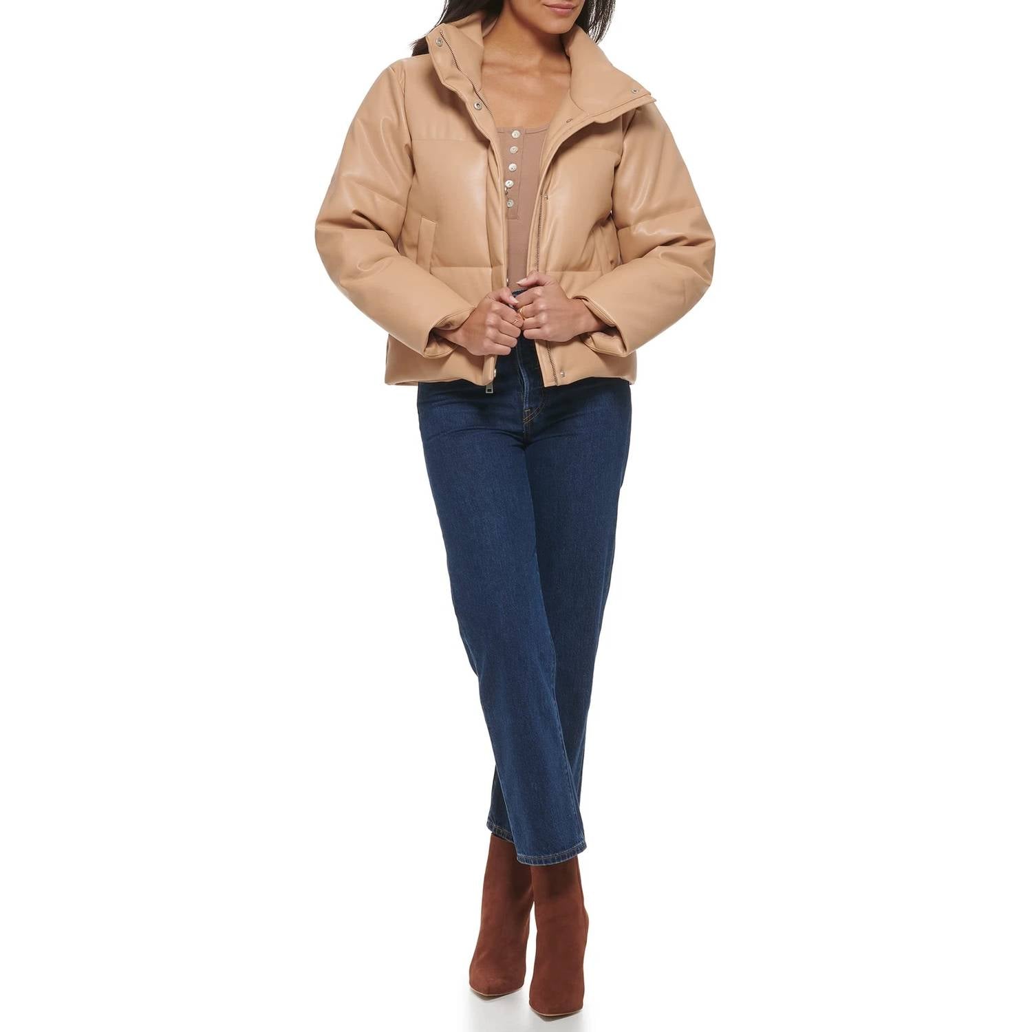 LEVI'S Juniors Faux Leather Bomber Puff Jacket in biscotti - women's jacket - detail view