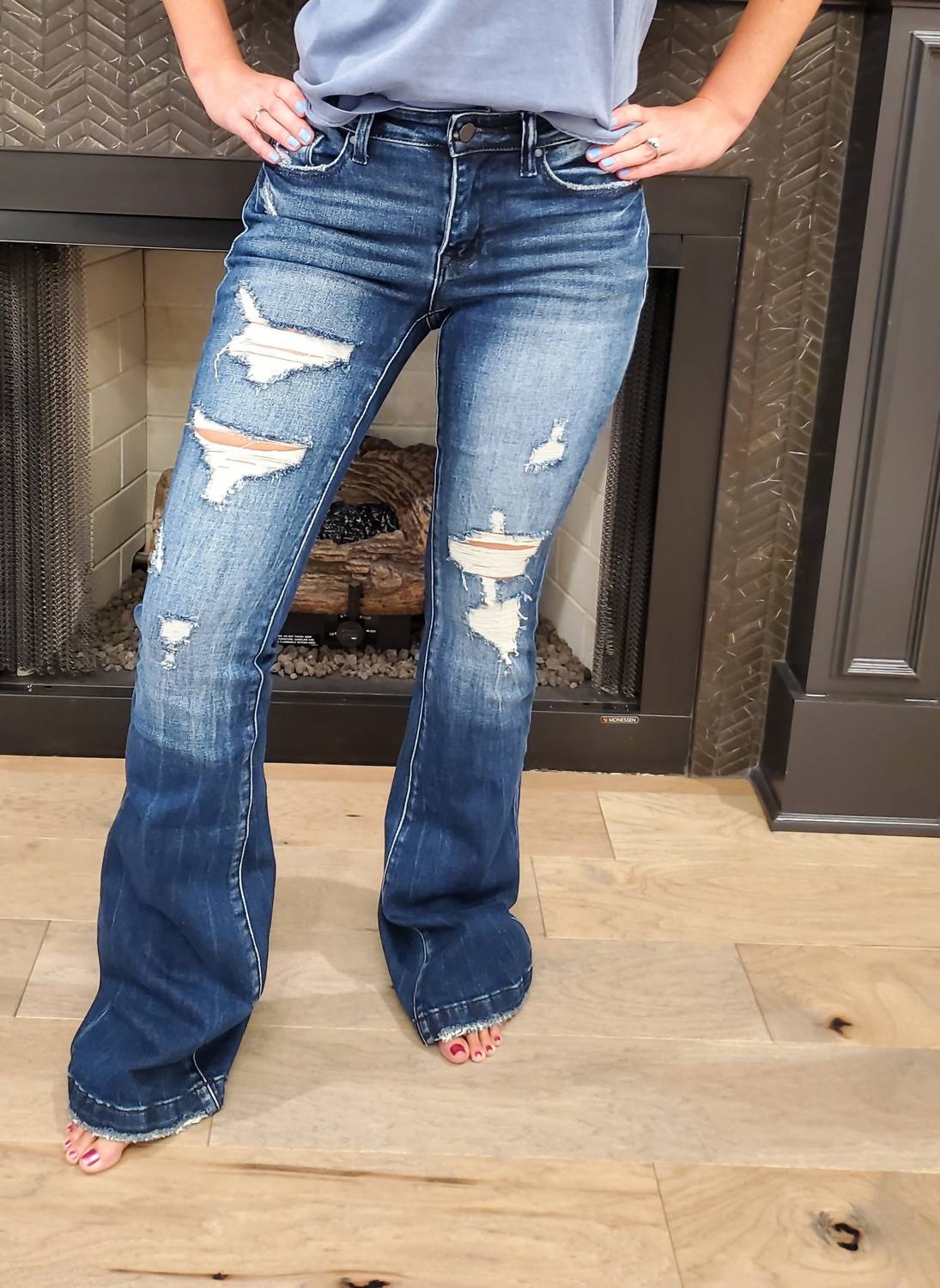 Petra153 Destroyed Mid Rise Stretch Flare Jeans in blue - women's jeans