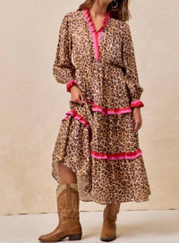 BiBi Leopard Printed Midi Dress With Contrast Stripe in beige - women's dress