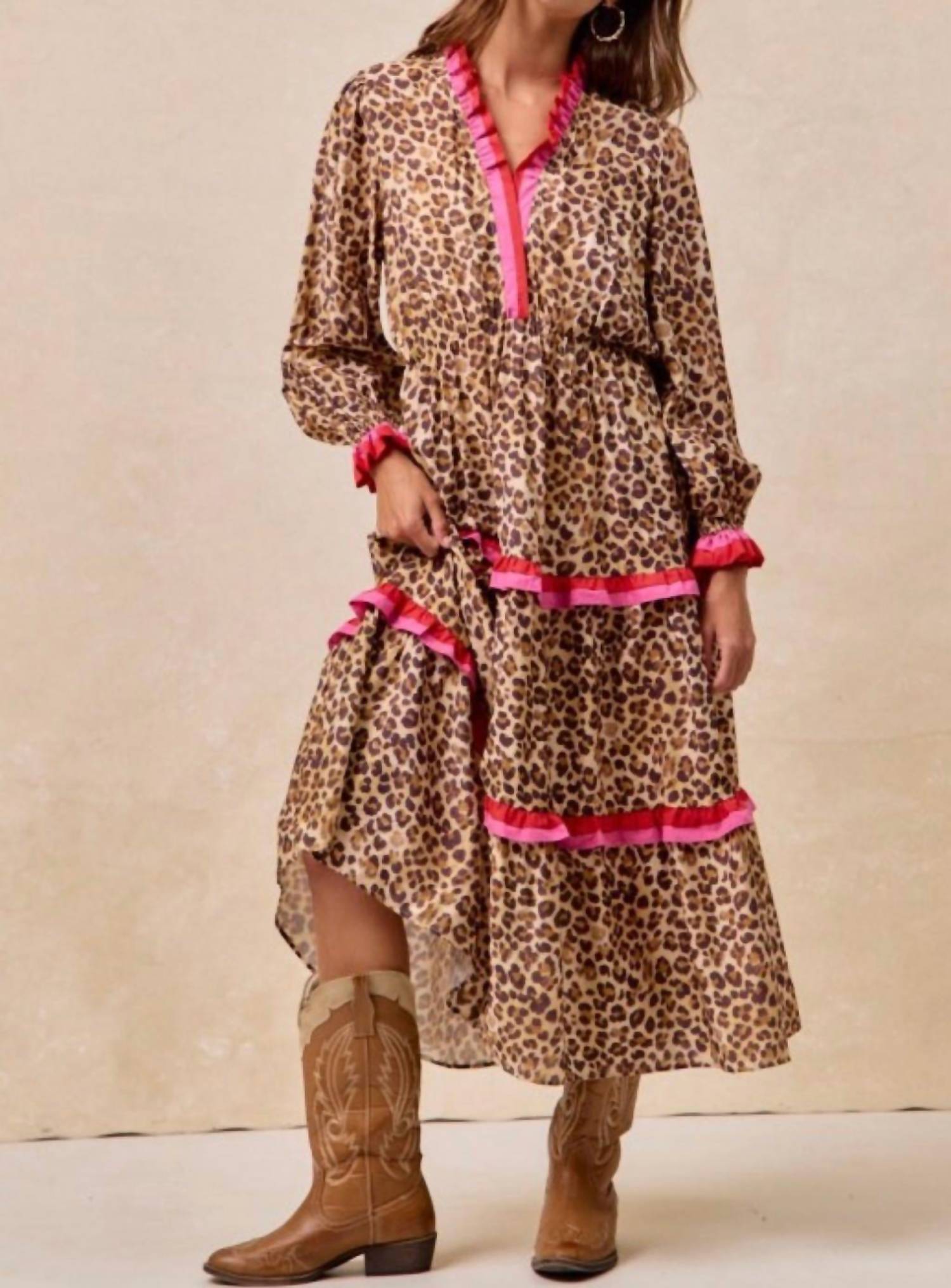 BiBi Leopard Printed Midi Dress With Contrast Stripe in beige - women's dress